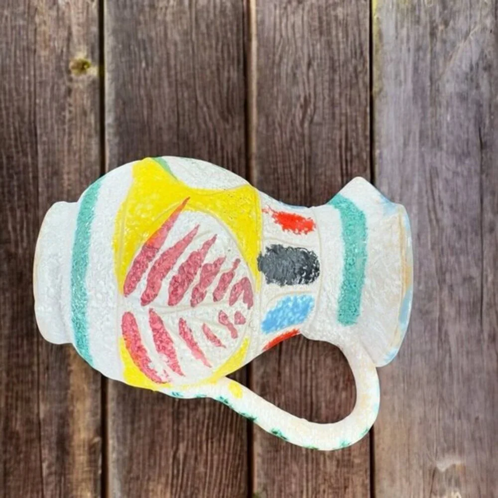 Vintage 1950s Italian Pottery Jug Pitcher Carafe Textured Glaze Made‎ In Italy